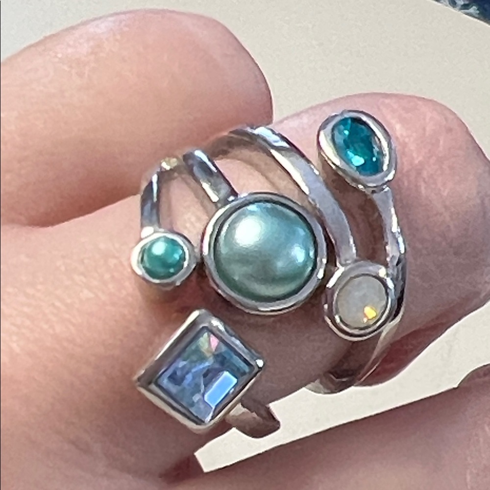 Lia Sophia Comet Ring Silver Tone with Teal White Blue & Green Stones Size 8 - Picture 2 of 7